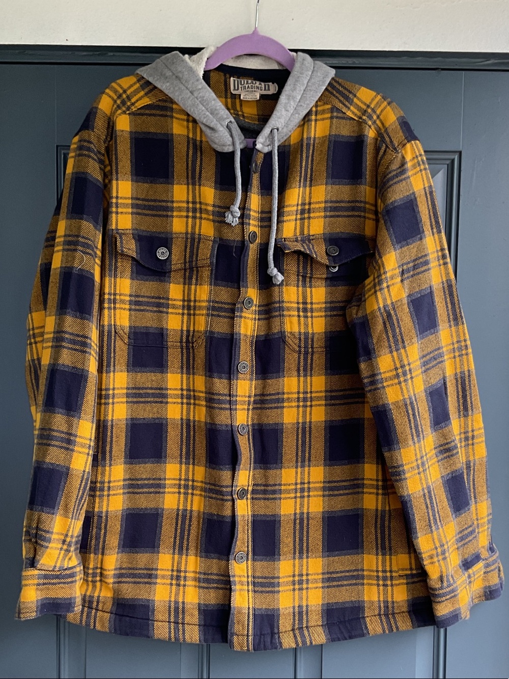 Duluth Trading Co Yellow and Navy Plaid Hooded Shirt Jacket, size L